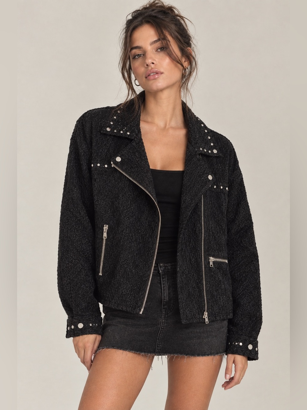Missguided black studded moto jacket punk rock biker coat Y2K grunge sz 8